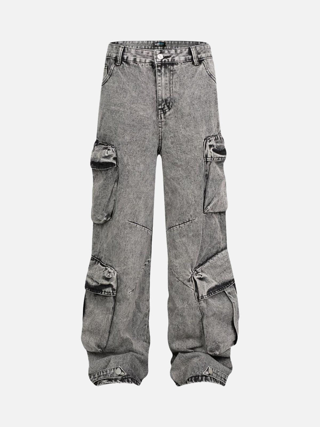 Front view of gray washed cargo jeans with multiple pockets, perfect for urban style by TALISHKO.