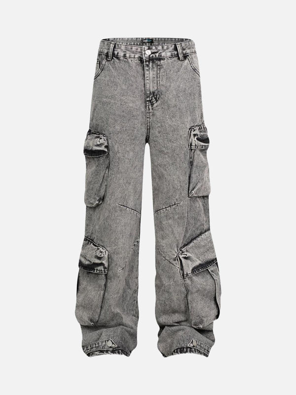 Front view of gray washed cargo jeans with multiple pockets, perfect for urban style by TALISHKO.