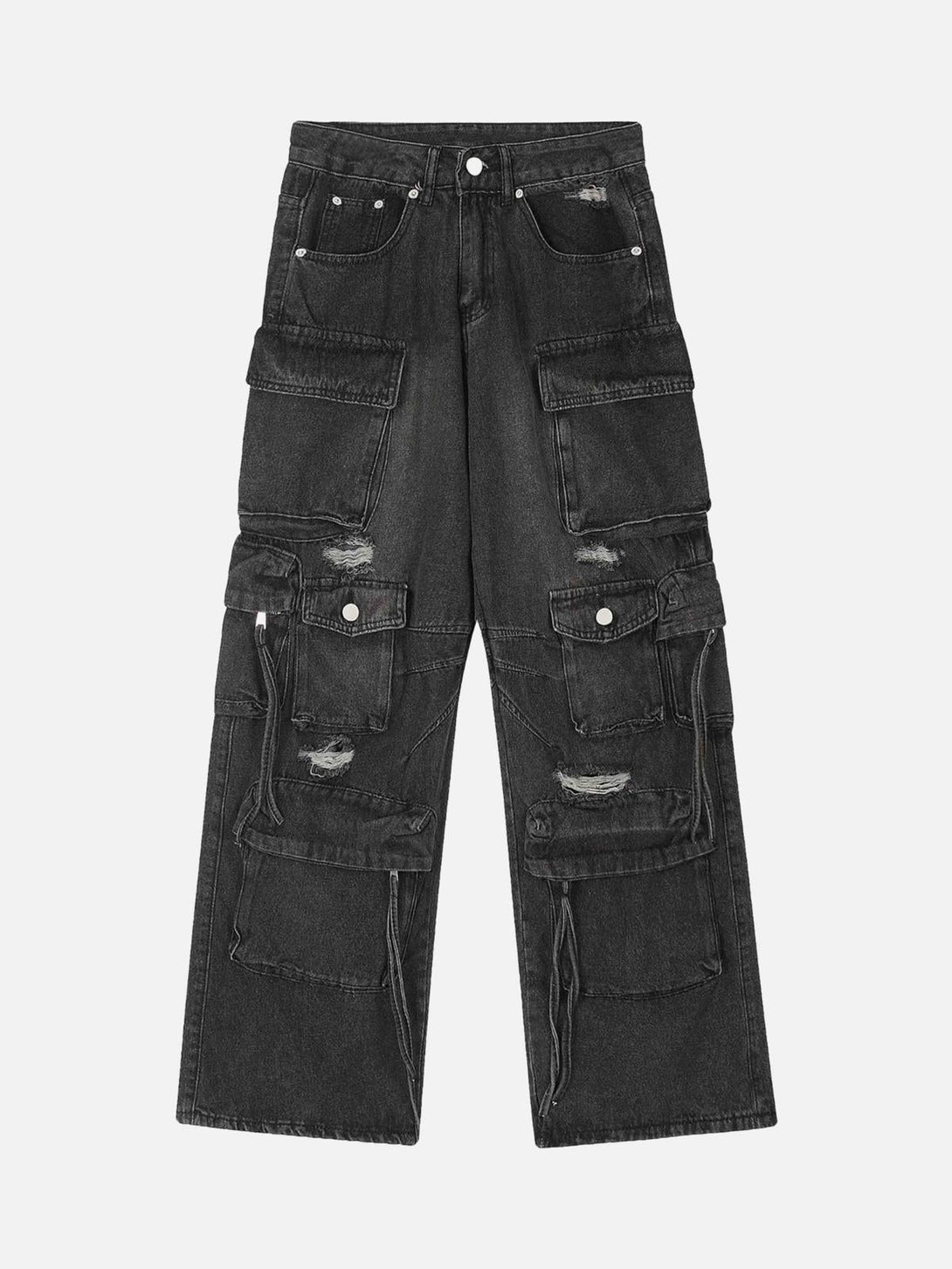 Front view of TALISHKO black cargo jeans with multiple pockets and distressed details.