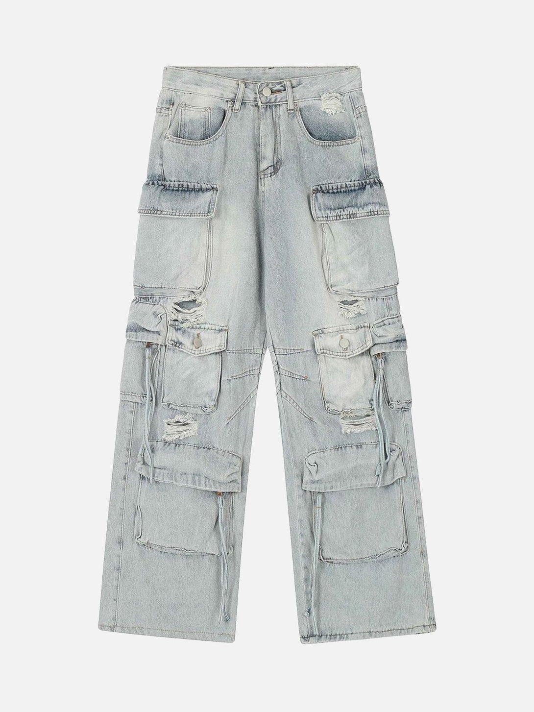 Front view of TALISHKO blue washed cargo jeans featuring multiple pockets for a trendy look.