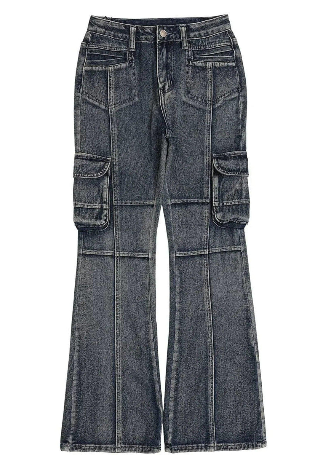 Front view of washed blue slim fit jeans by TALISHKO, featuring cargo pockets and vintage style.