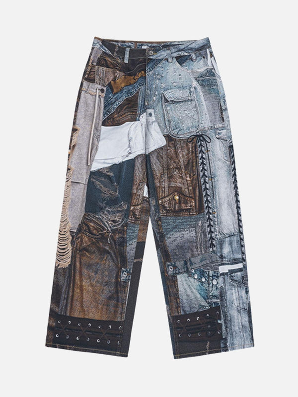 Front view of blue washed patchwork baggy jeans by TALISHKO, perfect for a bold look.