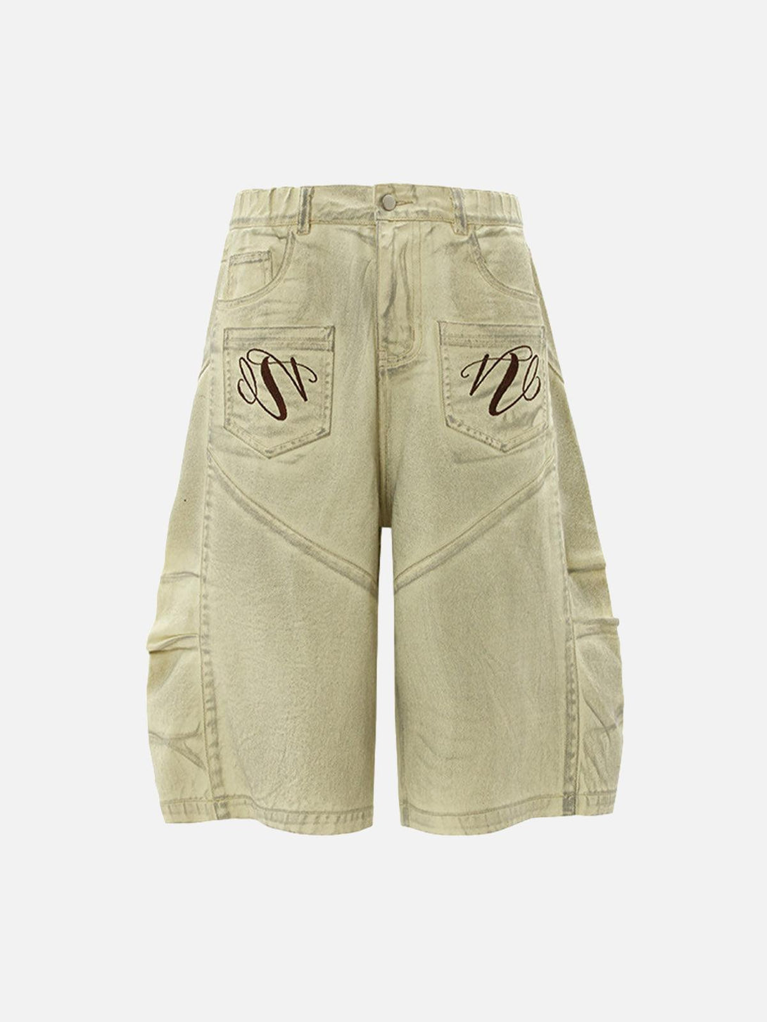 Back view of apricot baggy denim shorts by TALISHKO featuring stylish pocket embroidery.