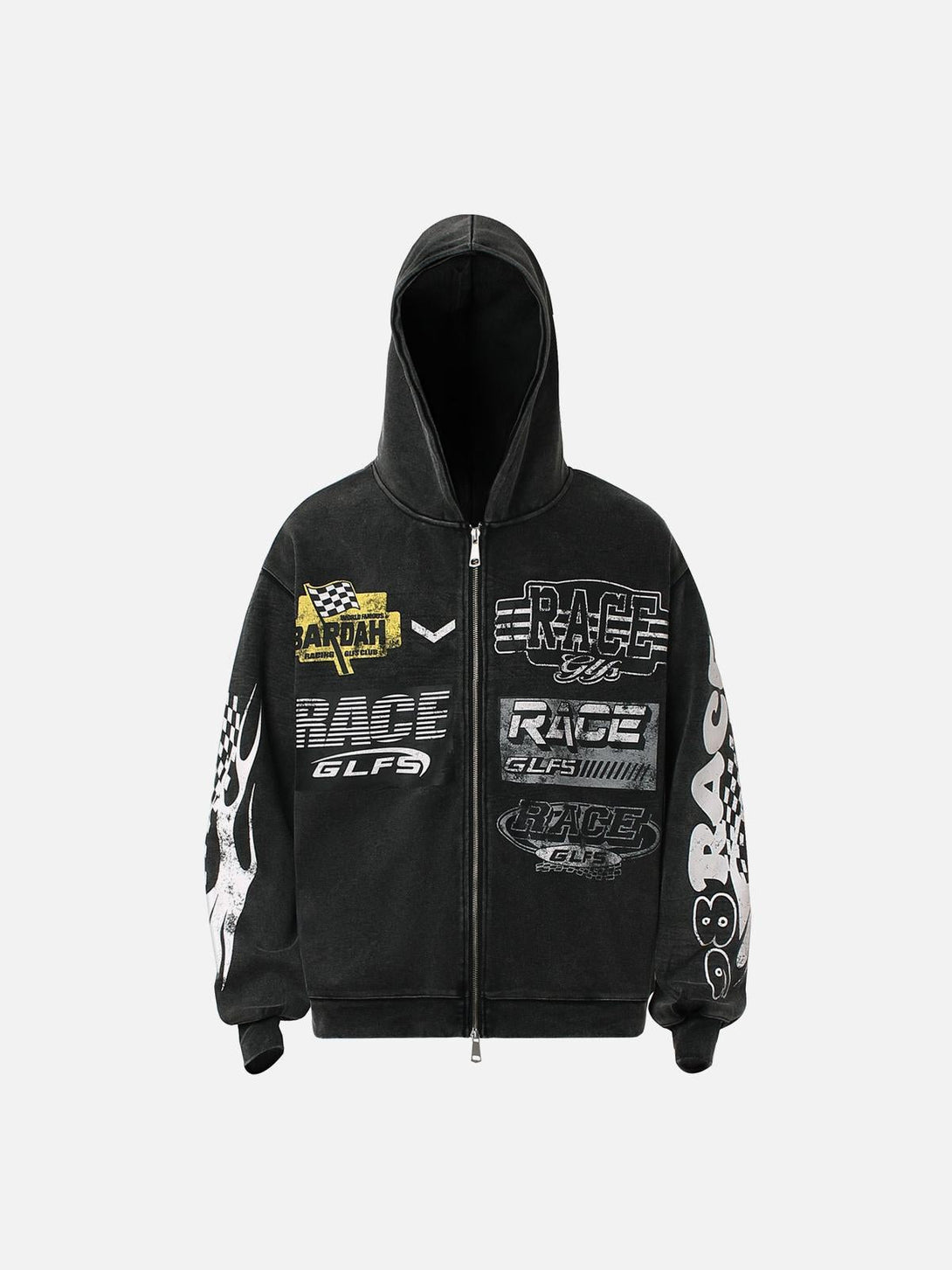 Black washed racing zip-up hoodie by TALISHKO, showcasing bold graphic designs in front view.