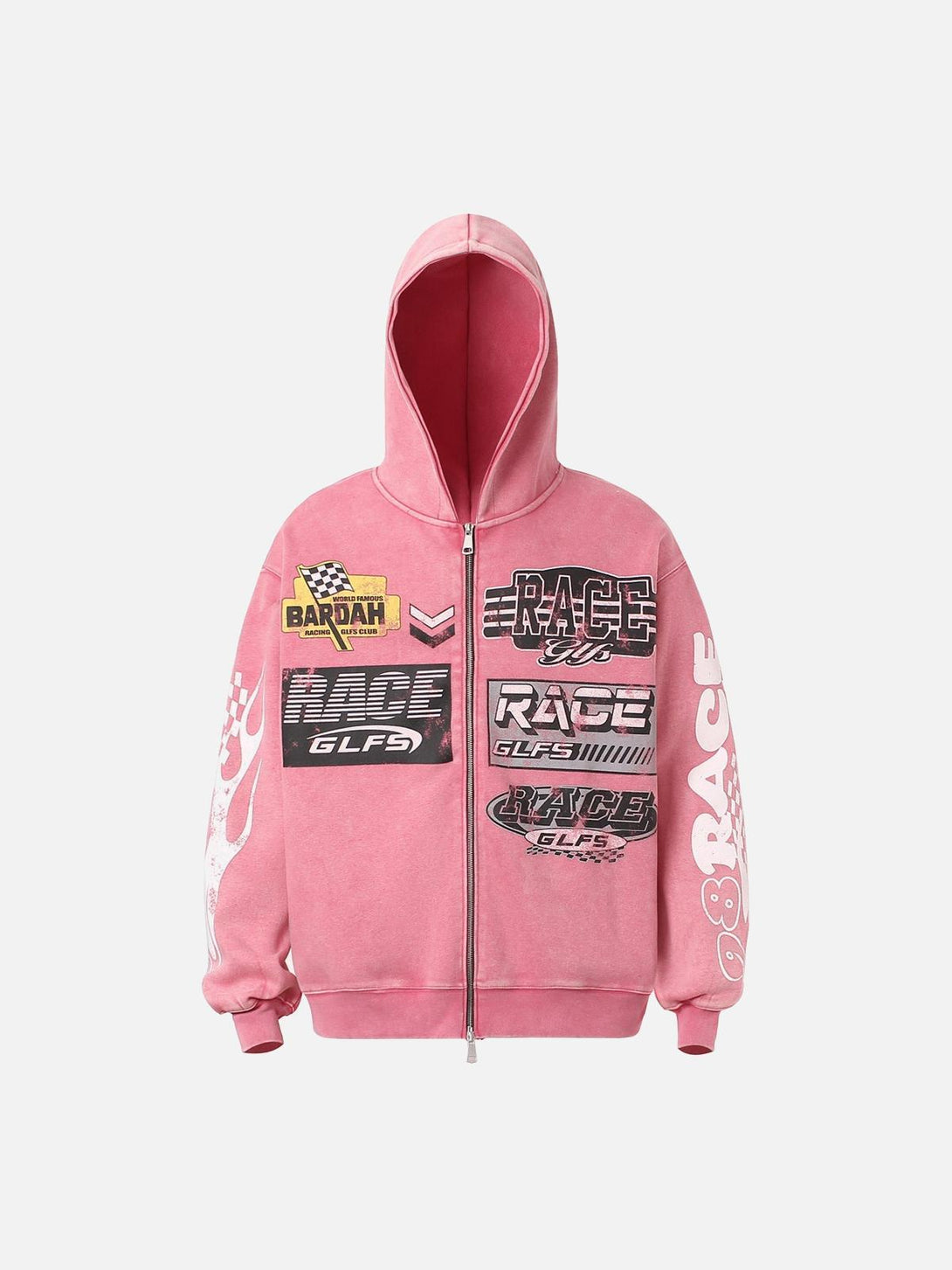 Pink washed racing zip-up hoodie by TALISHKO, featuring bold graphics in a front view.