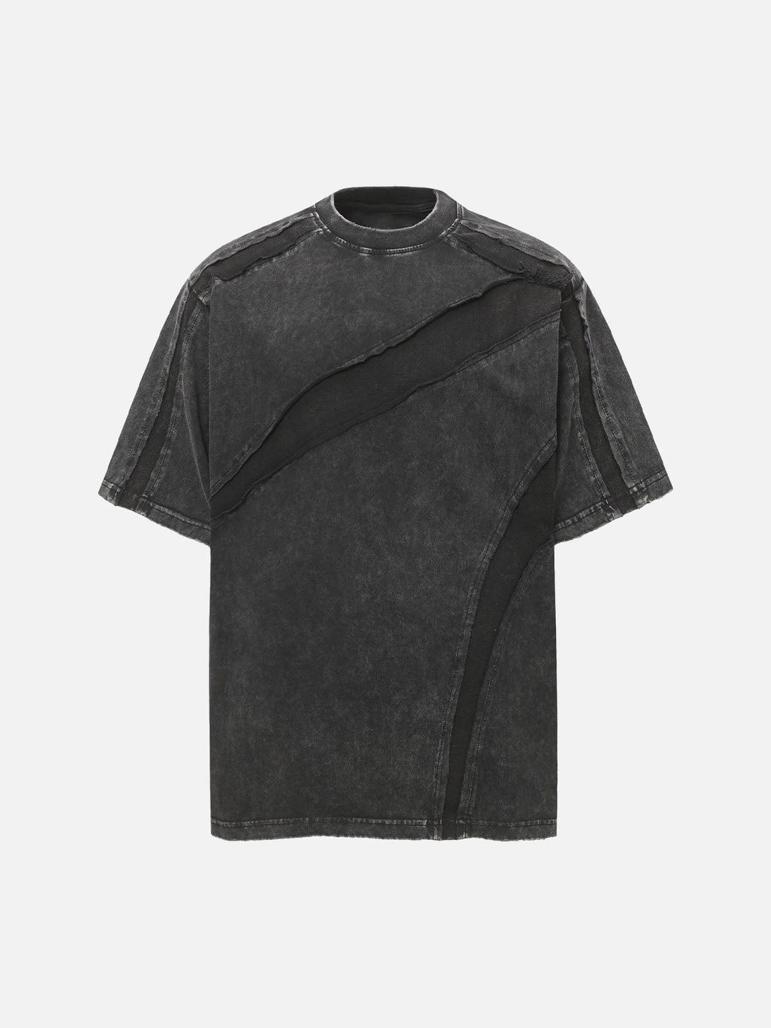 Front view of a black oversized T-shirt by TALISHKO, showcasing raw edges and unique split design.