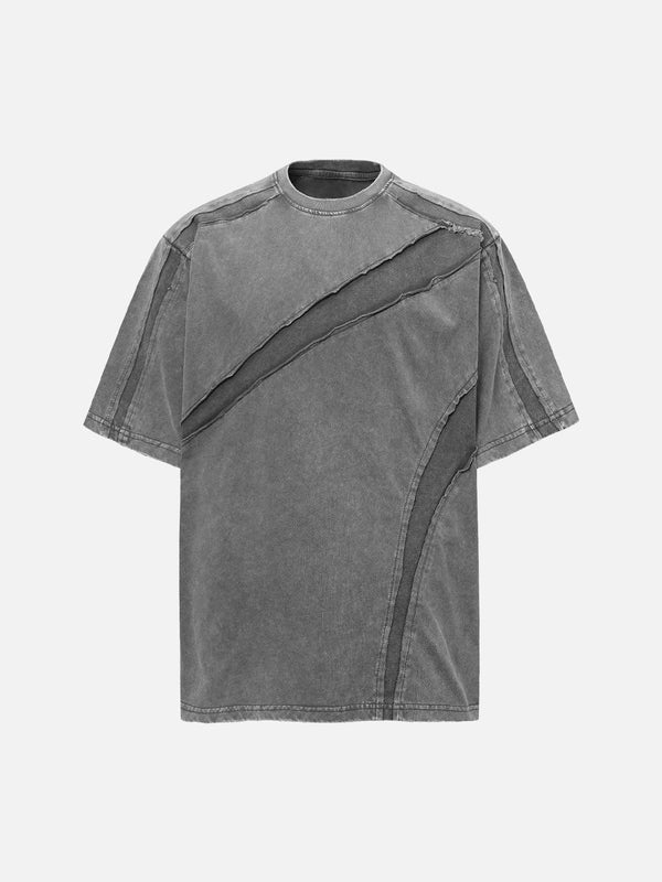 Front view of a gray oversized T-shirt by TALISHKO, featuring washed raw edges and a split design.