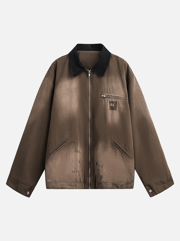 Front view of TALISHKO's coffee washed ripped gradient zip-up work jacket, perfect for urban style.