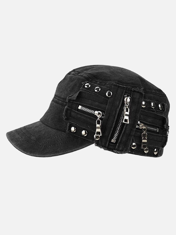 Black washed flat top cap with rivet and zipper details, a bold accessory by TALISHKO.
