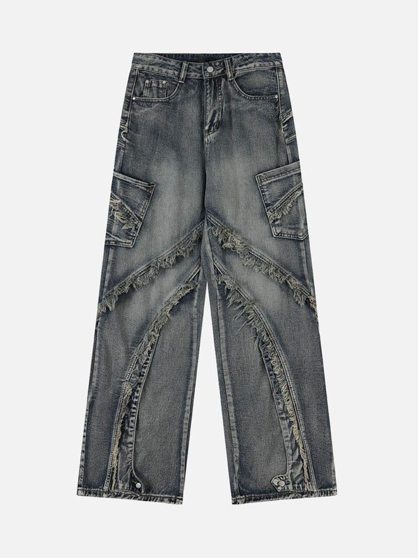 Front view of TALISHKO blue baggy jeans featuring washed texture and raw edge details.