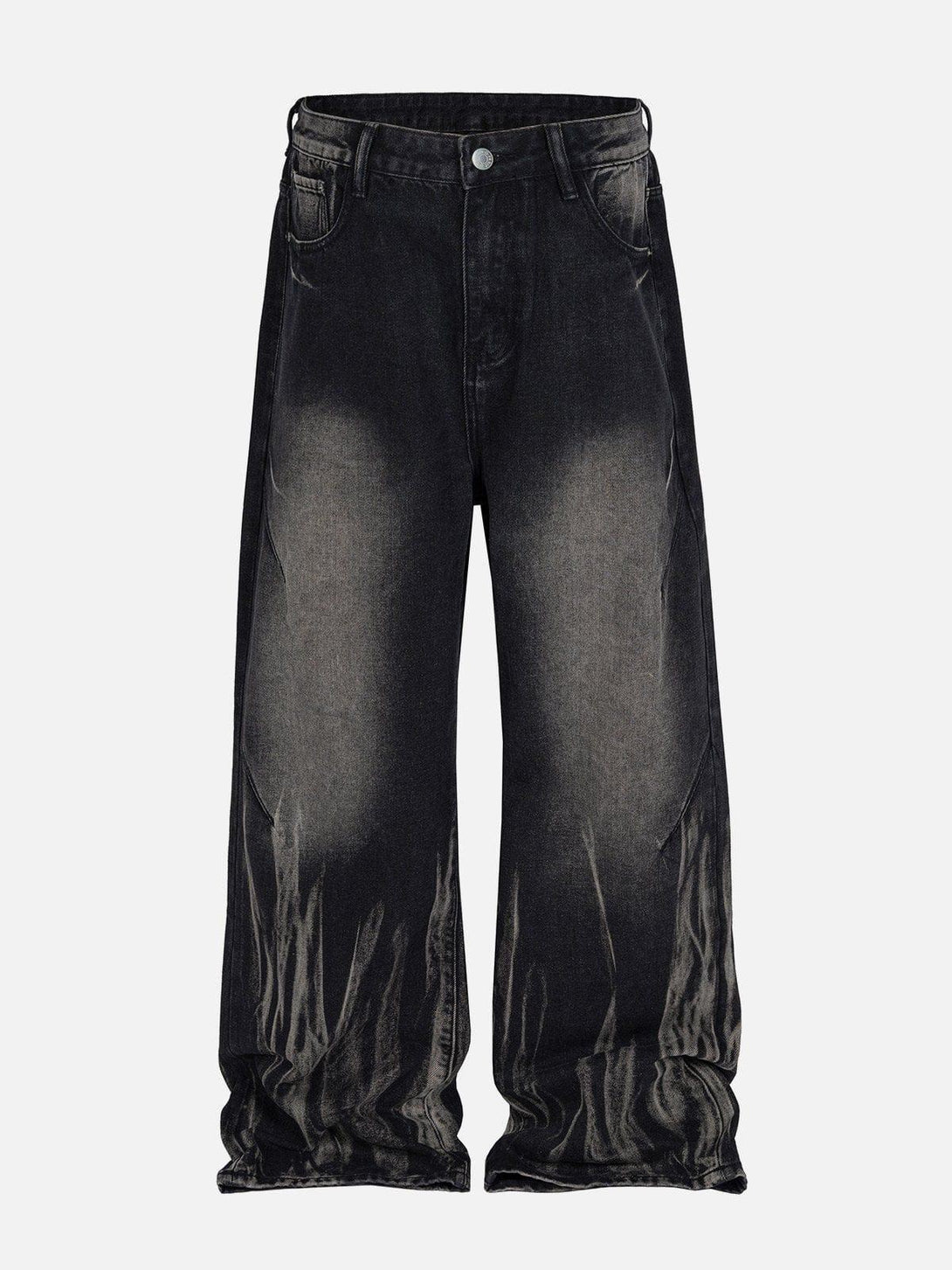 Front view of black washed stained wide-leg jeans by TALISHKO, perfect for urban style.