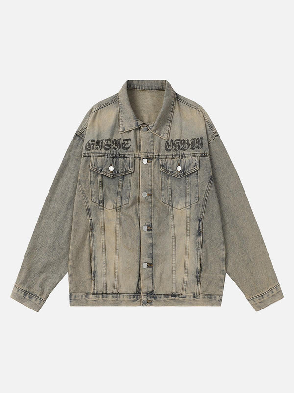 Front view of a gray washed denim jacket by TALISHKO, featuring vintage letter print detail.