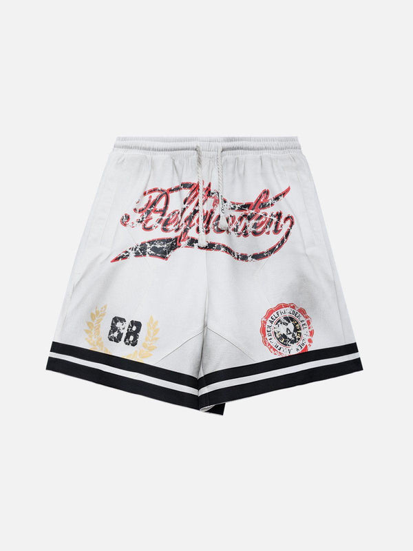 White washed shorts with graphic designs on the front, featuring unique styling by TALISHKO.