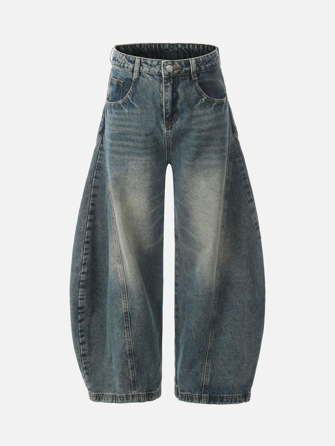Front view of TALISHKO blue washed wide-leg balloon jeans with a unique street-style flair.