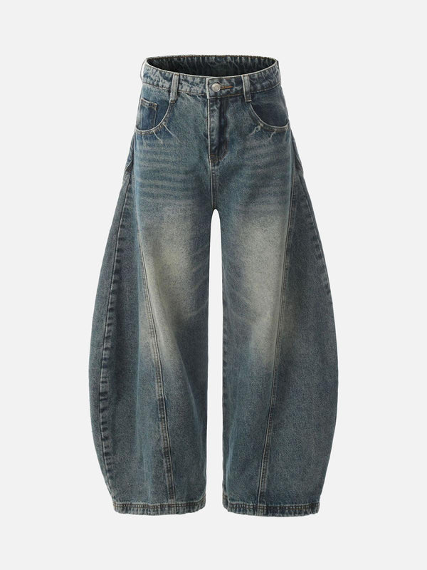 Front view of TALISHKO blue washed wide-leg balloon jeans with a unique street-style flair.