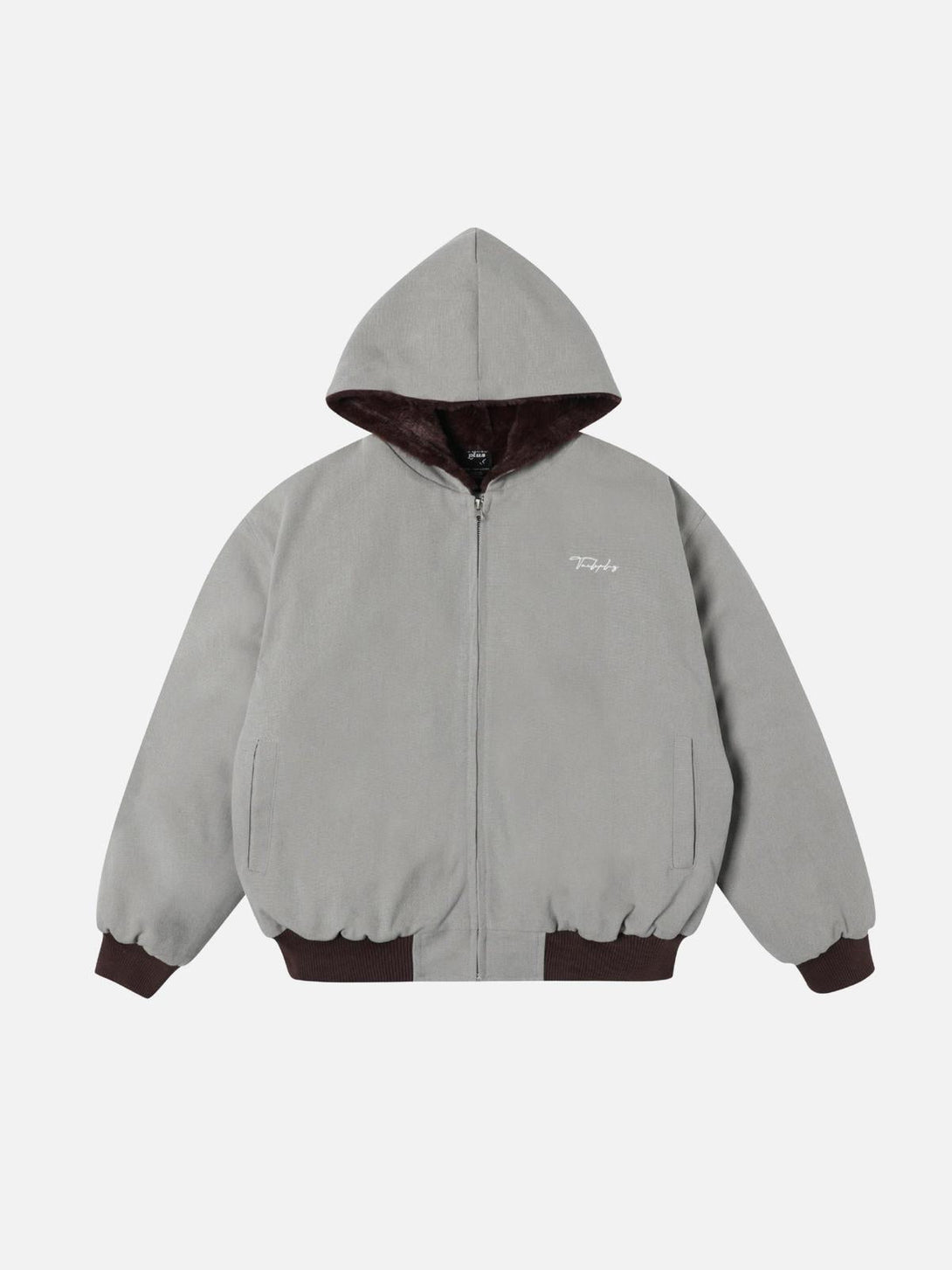 Front view of a gray washed zip-up hooded jacket by TALISHKO, ideal for urban wear.