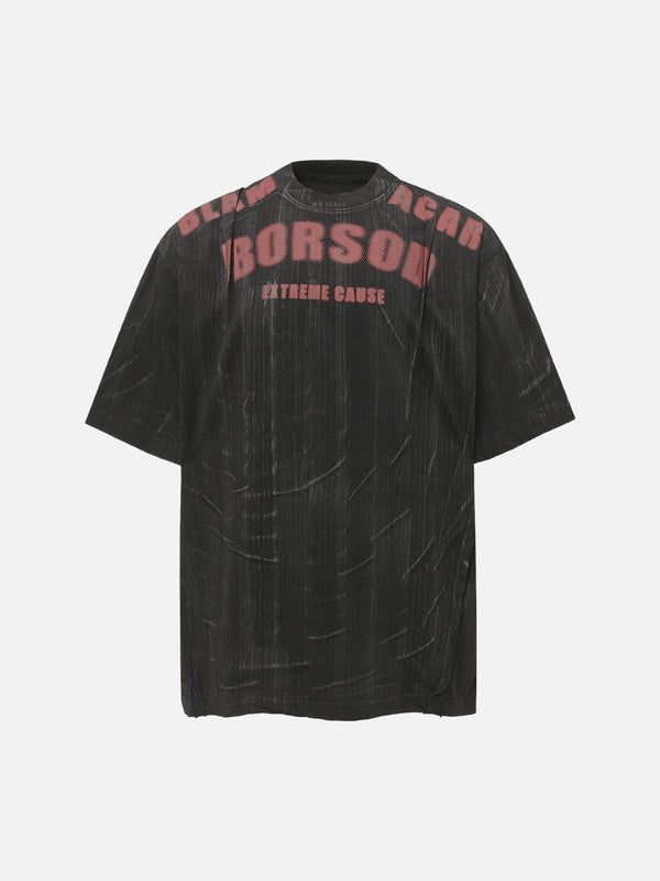 Front view of a black oversized graphic T-shirt by TALISHKO, featuring bold red text design.