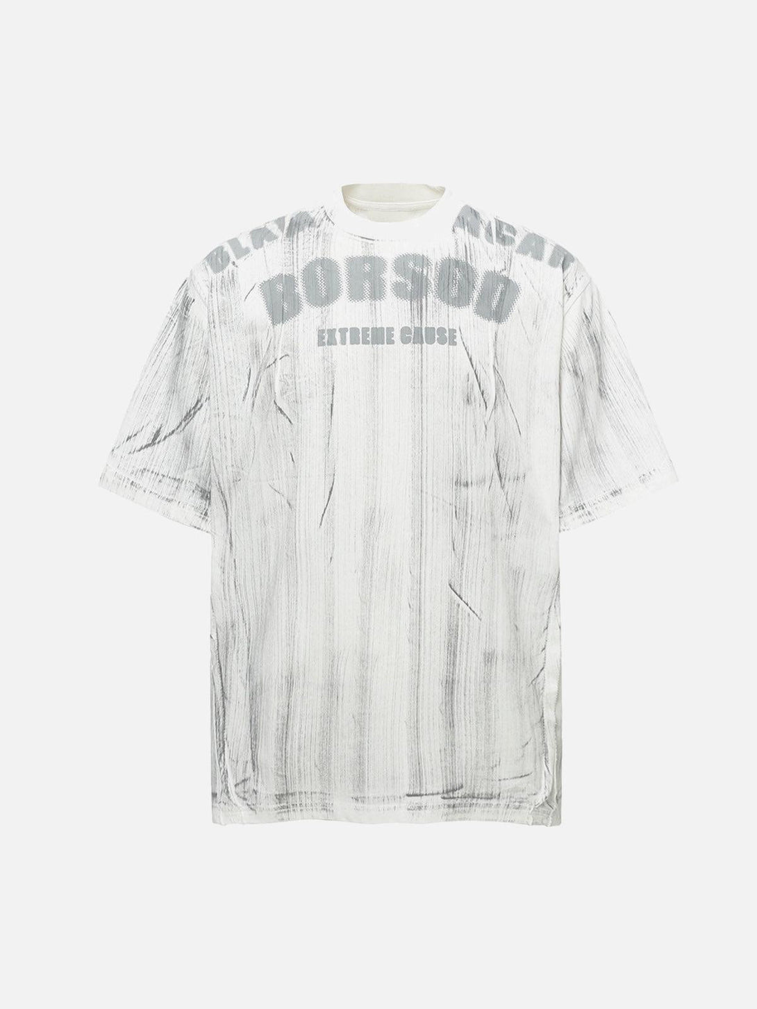Front view of a gray oversized graphic T-shirt by TALISHKO, featuring a bold text design.