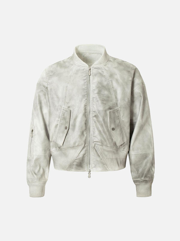 Gray leather bomber jacket by TALISHKO, front view showcasing urban style and unique dye.