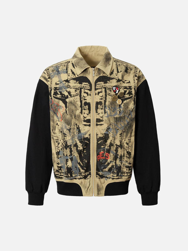 TALISHKO's brown jacket features a patchwork graffiti design with badge accents, front view.