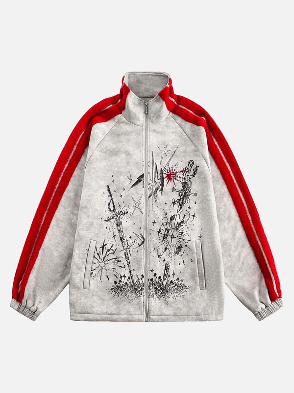 Front view of a gray TALISHKO zip-up jacket with bold red stripes and graffiti-style design.