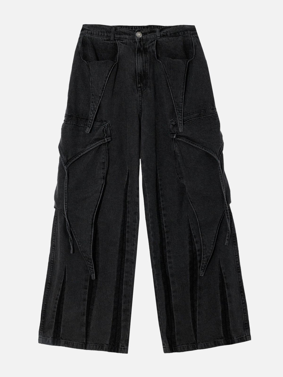 Black wide-leg jeans by TALISHKO featuring a washed texture and unique pocket details.