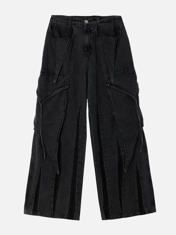 Black wide-leg jeans by TALISHKO featuring a washed texture and unique pocket details.