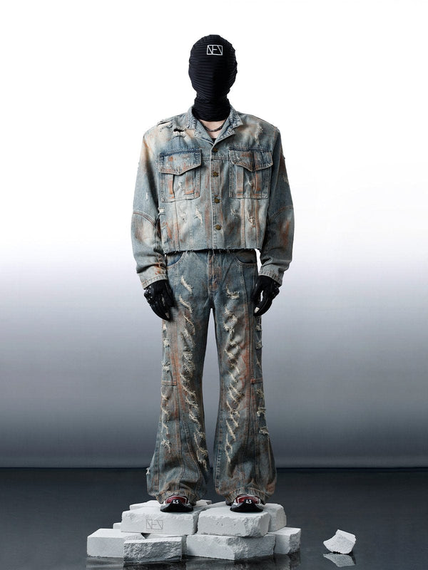 TALISHKO - Wasteland Style Distressed Washed Jacket Jeans Set - streetwear fashion - talishko.com
