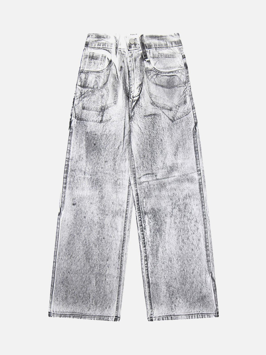 Front view of TALISHKO's niche design loose jeans in a distressed white, perfect for casual style.