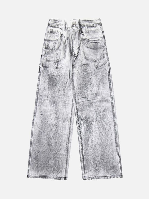 Front view of TALISHKO's niche design loose jeans in a distressed white, perfect for casual style.