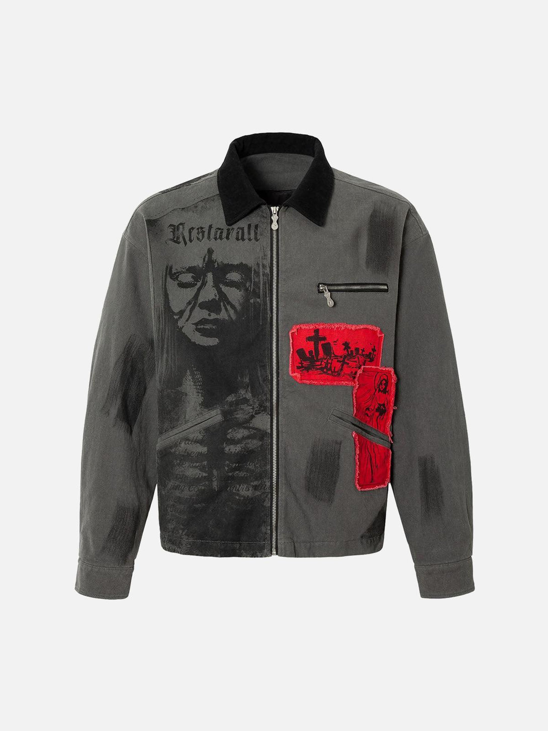 Front view of a gray barn jacket by TALISHKO, featuring portrait prints and red patchwork details.