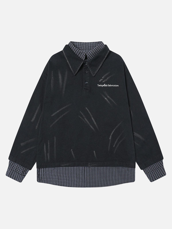 TALISHKO retro washed black faux two-piece shirt with plaid details, front view for urban style.