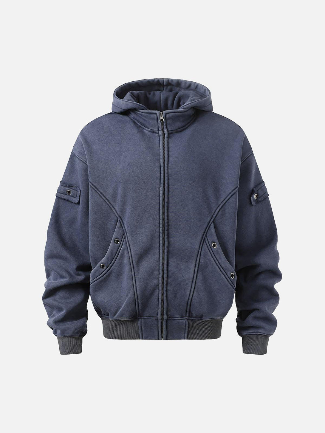 Front view of blue zip-up sweatshirt by TALISHKO, featuring urban-inspired design details.