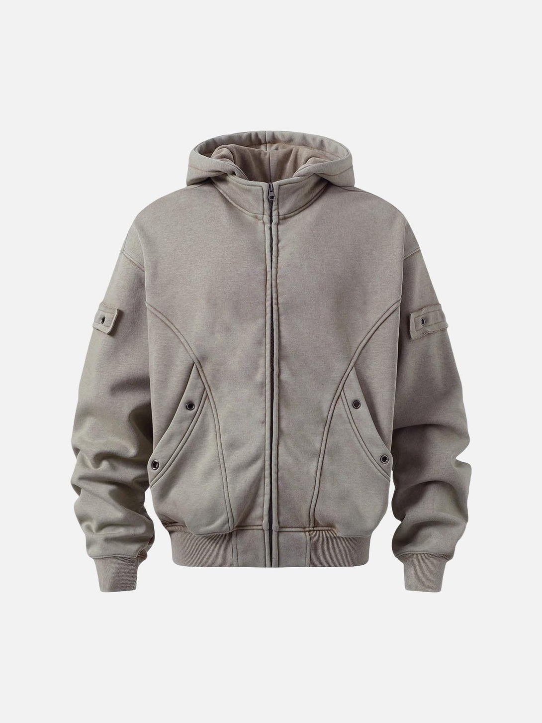 Gray zip-up sweatshirt with unique stitching in front view by TALISHKO, offering urban flair.