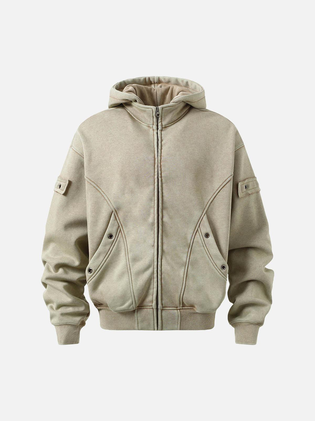 Khaki zip-up sweatshirt by TALISHKO in a front view, showcasing urban style and details.