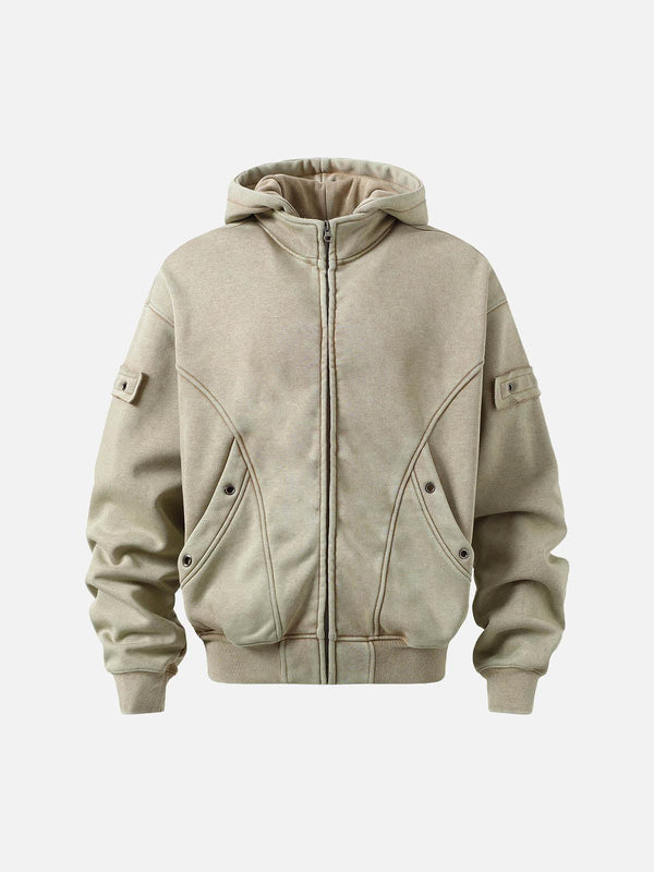Khaki zip-up sweatshirt by TALISHKO in a front view, showcasing urban style and details.