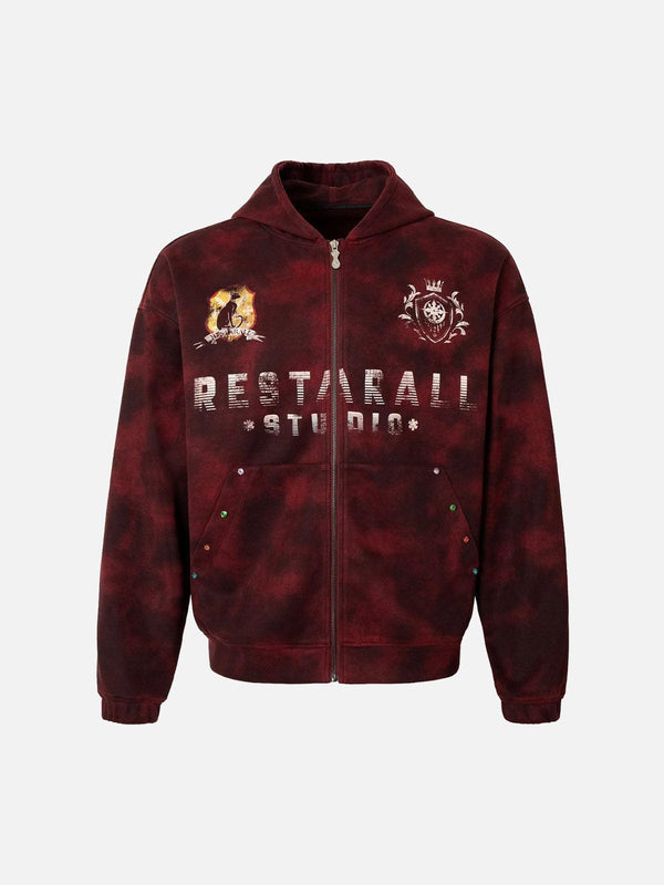 Front view of a red tie-dye zipper jacket by TALISHKO, featuring bold graphics and street-inspired style.