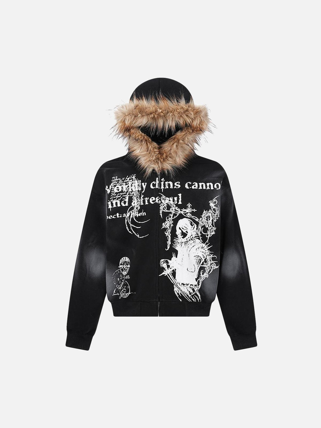 Front view of black zip-up cardigan with bold graphics and faux fur hood by TALISHKO.