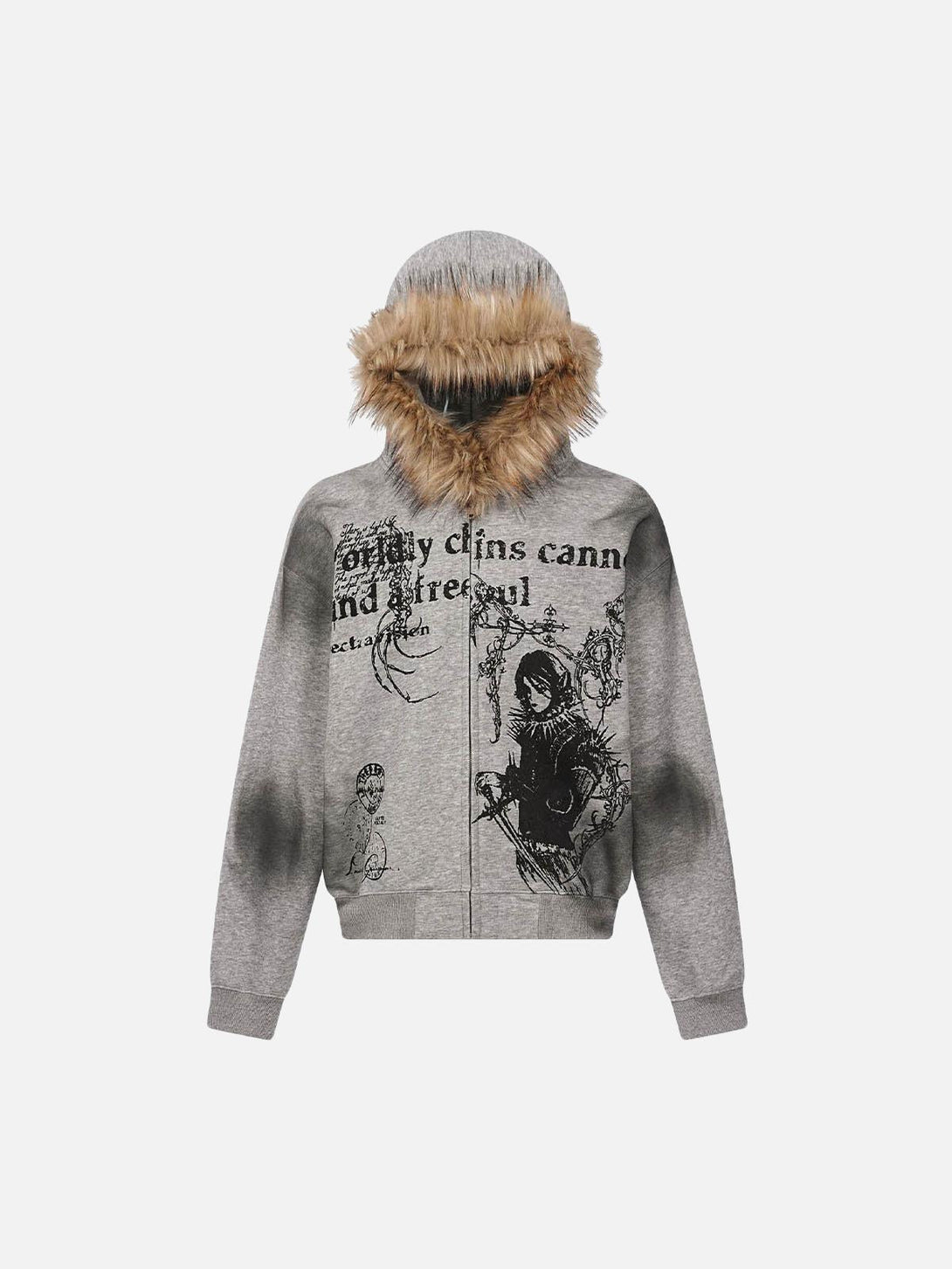 Front view of gray Wasteland zip-up cardigan with edgy graphics and faux fur trim by TALISHKO.