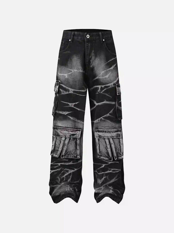 Front view of TALISHKO black water ripple cargo jeans with multi-pocket design, ideal for urban style.