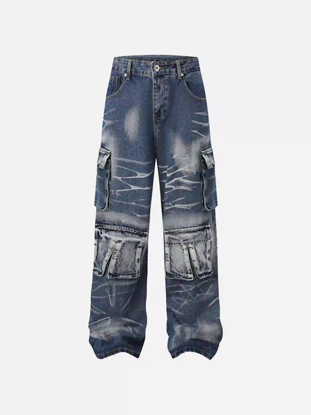 Front view of TALISHKO blue water ripple cargo jeans featuring a trendy multi-pocket design.