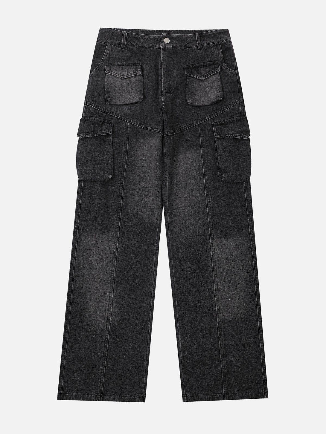 Front view of black water-washed splicing jeans by TALISHKO, featuring cargo pockets.