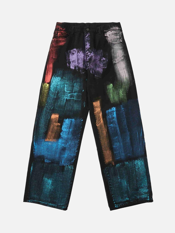 TALISHKO watercolor print jeans in a vibrant, artistic style, shown in a front view.