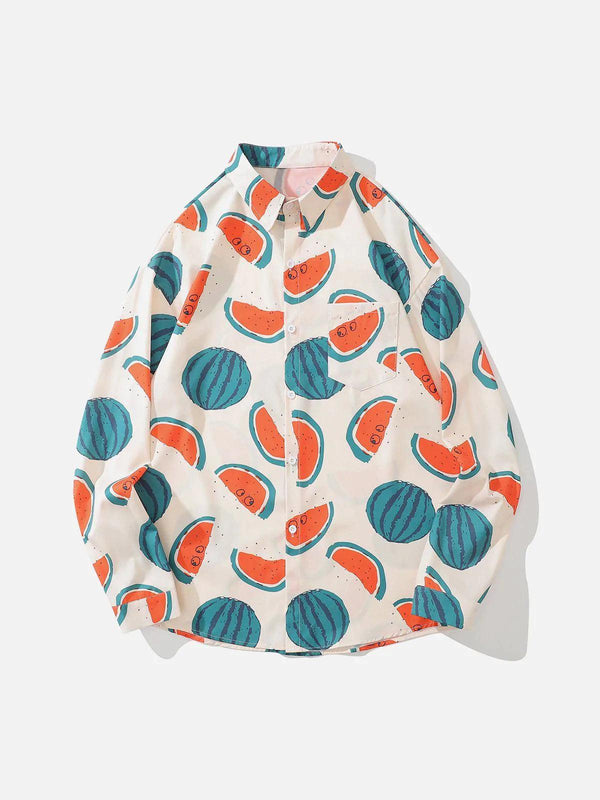 Front view of a white, watermelon print long-sleeved shirt by TALISHKO, perfect for playful style.