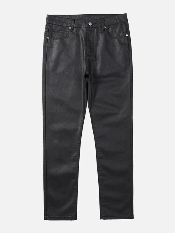 Front view of black waxed slim pants by TALISHKO, perfect for edgy street style.