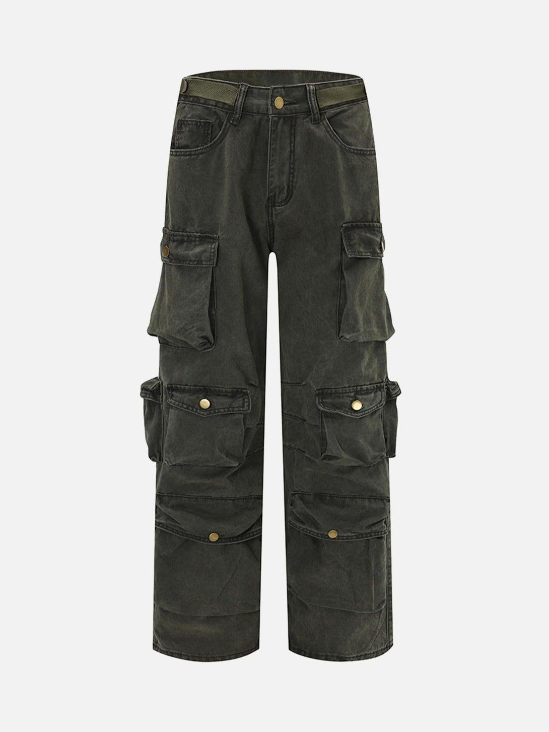 Front view of gray green baggy denim overalls by TALISHKO, featuring multiple pockets.