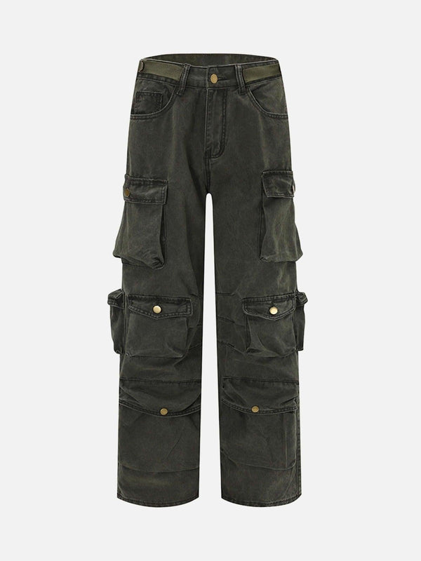 Front view of gray green baggy denim overalls by TALISHKO, featuring multiple pockets.