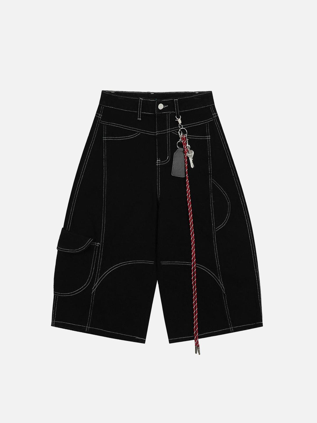 Front view of black cargo jorts by TALISHKO, featuring welt embellishments and contrasting stitching.