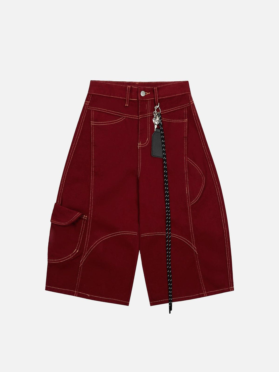 Front view of red cargo jorts by TALISHKO with welt embellishments and contrasting stitching.