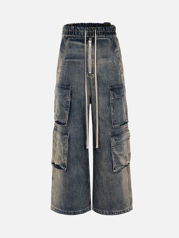 Front view of black wide-leg jeans with multiple pockets, designed by TALISHKO.